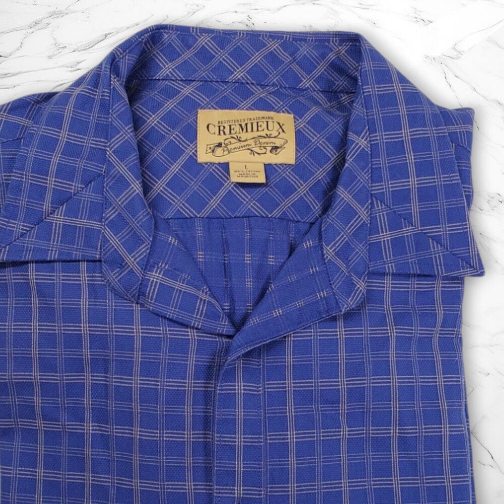 CREMIEUX Premium Denim Men's Shirt Size L Button Up Long Sleeve Blue Plaid